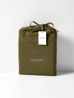Emile Linen Fitted Sheet - Bronzed Olive -Best Home emile pure linen flat sheet bronzed olive packaging 3