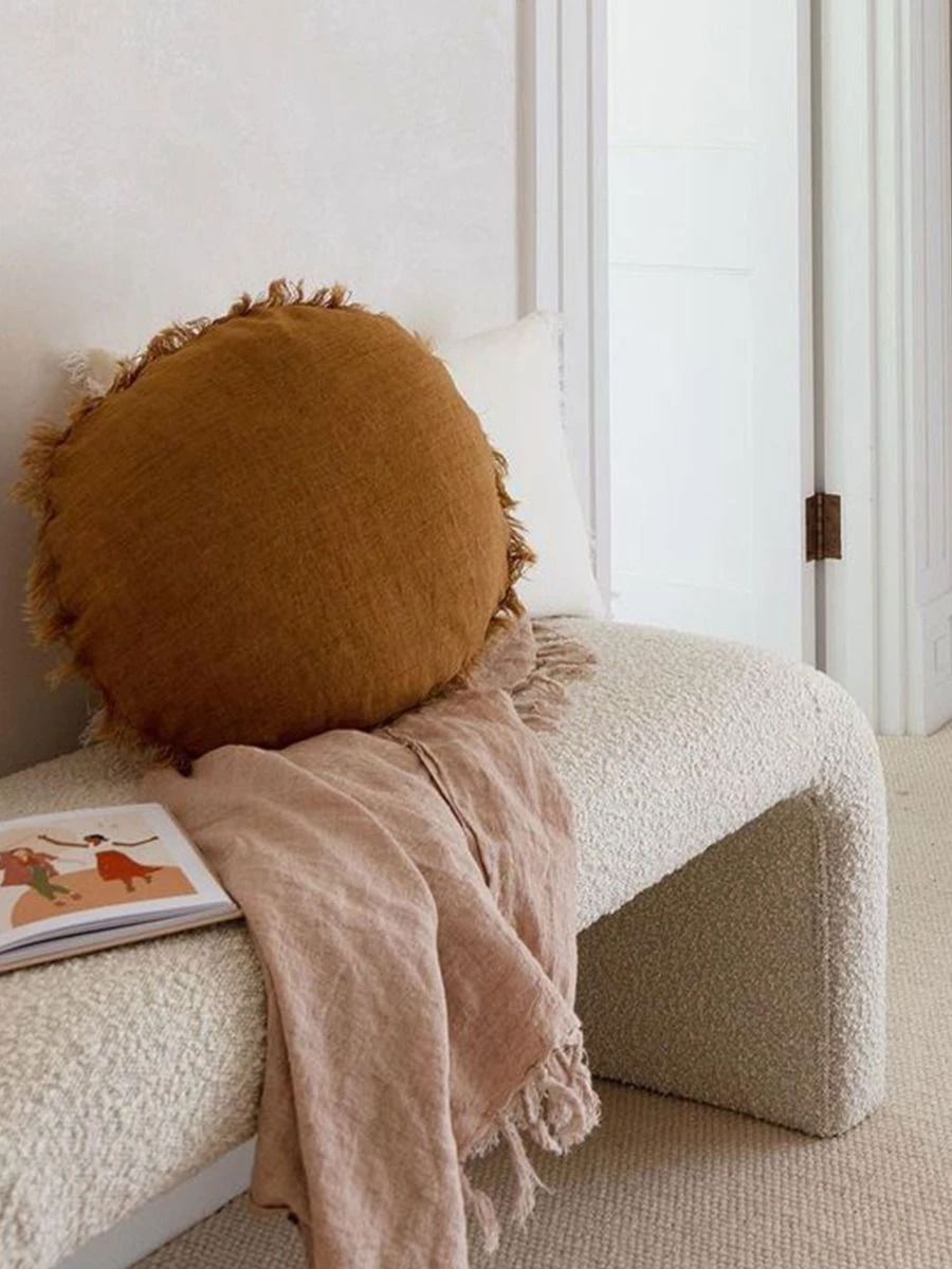Vintage Linen Fringe Round Cushion - Tobacco 4 Vintage Linen Fringe Round Cushion - Tobacco - Image 2