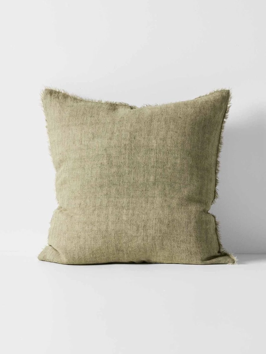 Vintage Linen Fringe Cushion - Fennel