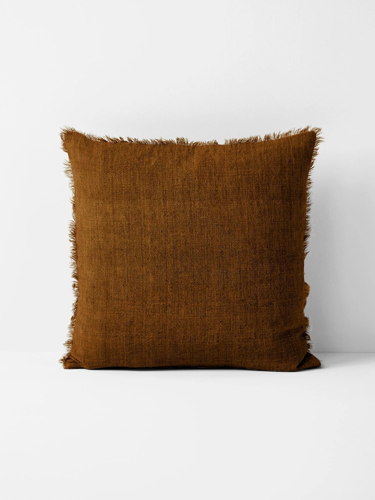 Vintage Linen Fringe Cushion - Tobacco