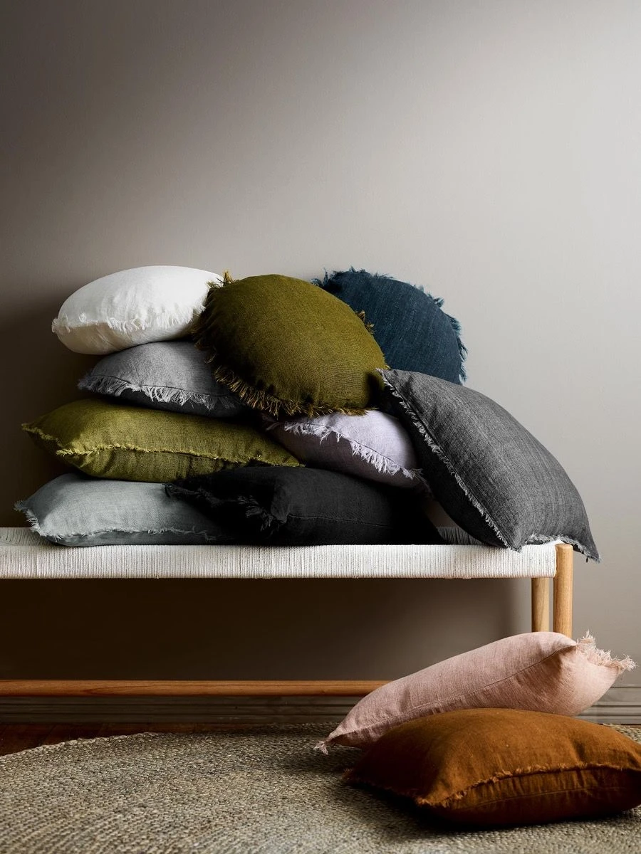 Vintage Linen Fringe Rectangle Cushion - Khaki - Image 2