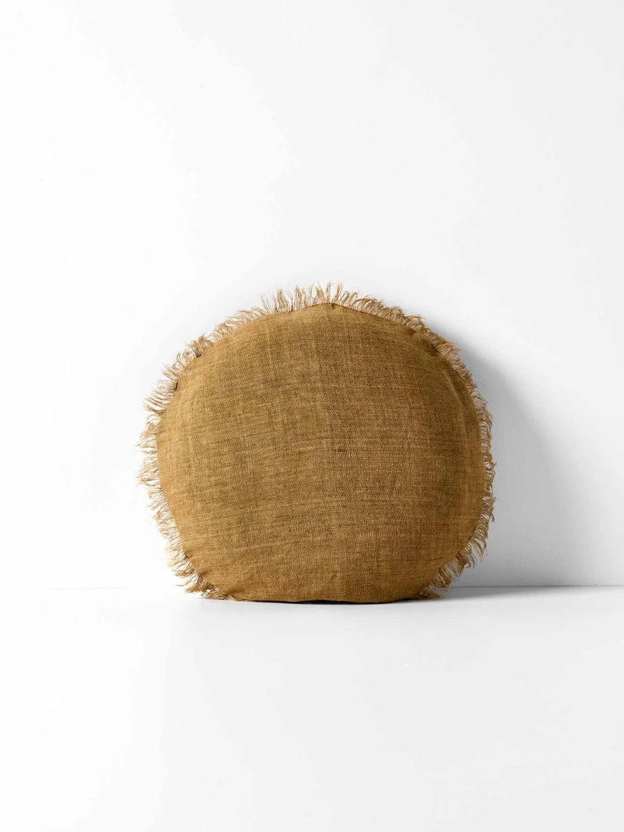 Vintage Linen Fringe 45cm Round Cushion - Bronze 3 Vintage Linen Fringe 45cm Round Cushion - Bronze